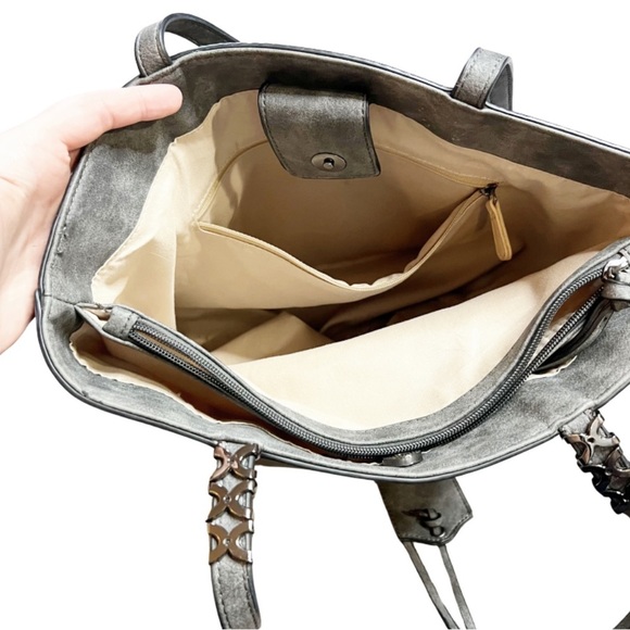 Grey Charming Charlie Large Double Handle Tote Bag Silver Beaded Detail Purse - Picture 8 of 16